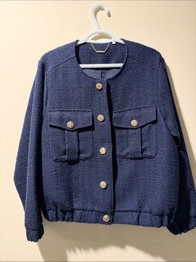 Chico's Navy Bouclé Button Jacket with Gold Buttons